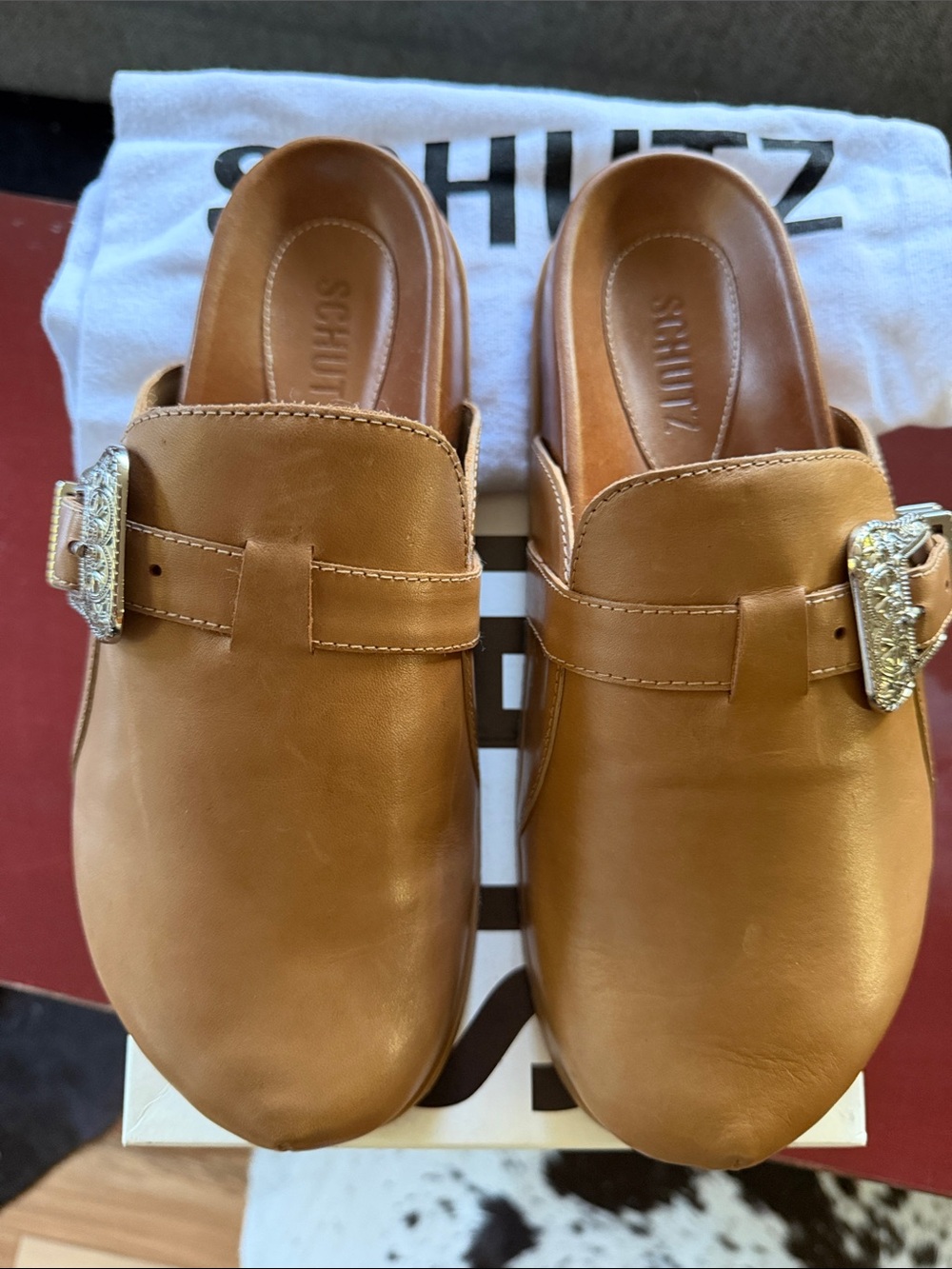 SCHUTZ Tan Leather Slip-On Mule with Decorative Silver Buckle
